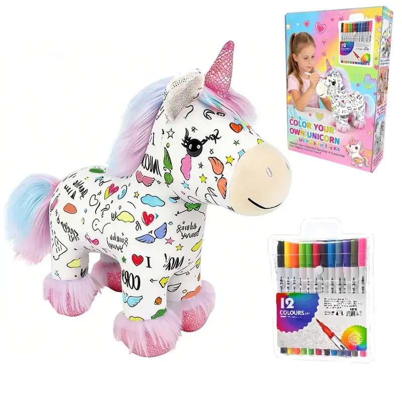 🦄 DIY Coloring Unicorn Plush Kit – Reusable Stuffed Animal Craft Set with 12 Washable Markers