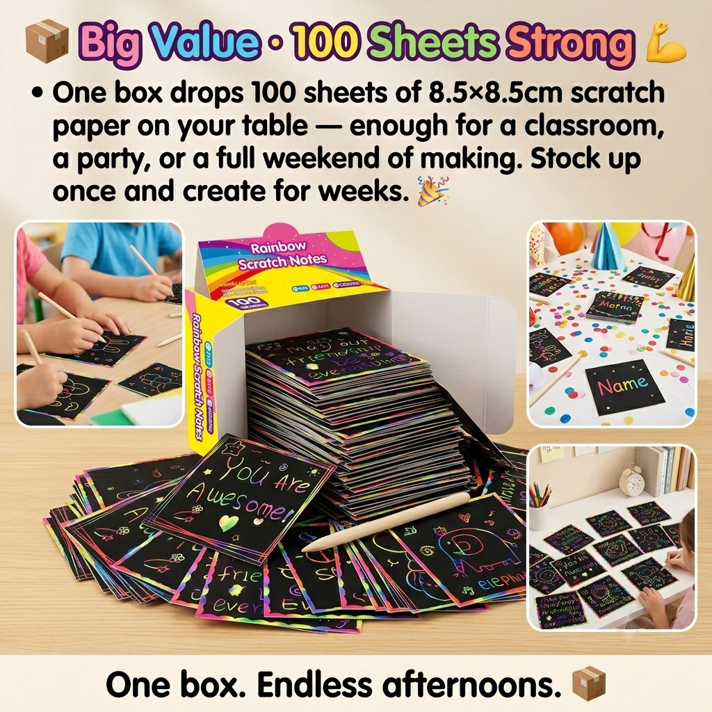 Rainbow Scratch Art Paper – 100 Sheets DIY Magic Reveal Kit