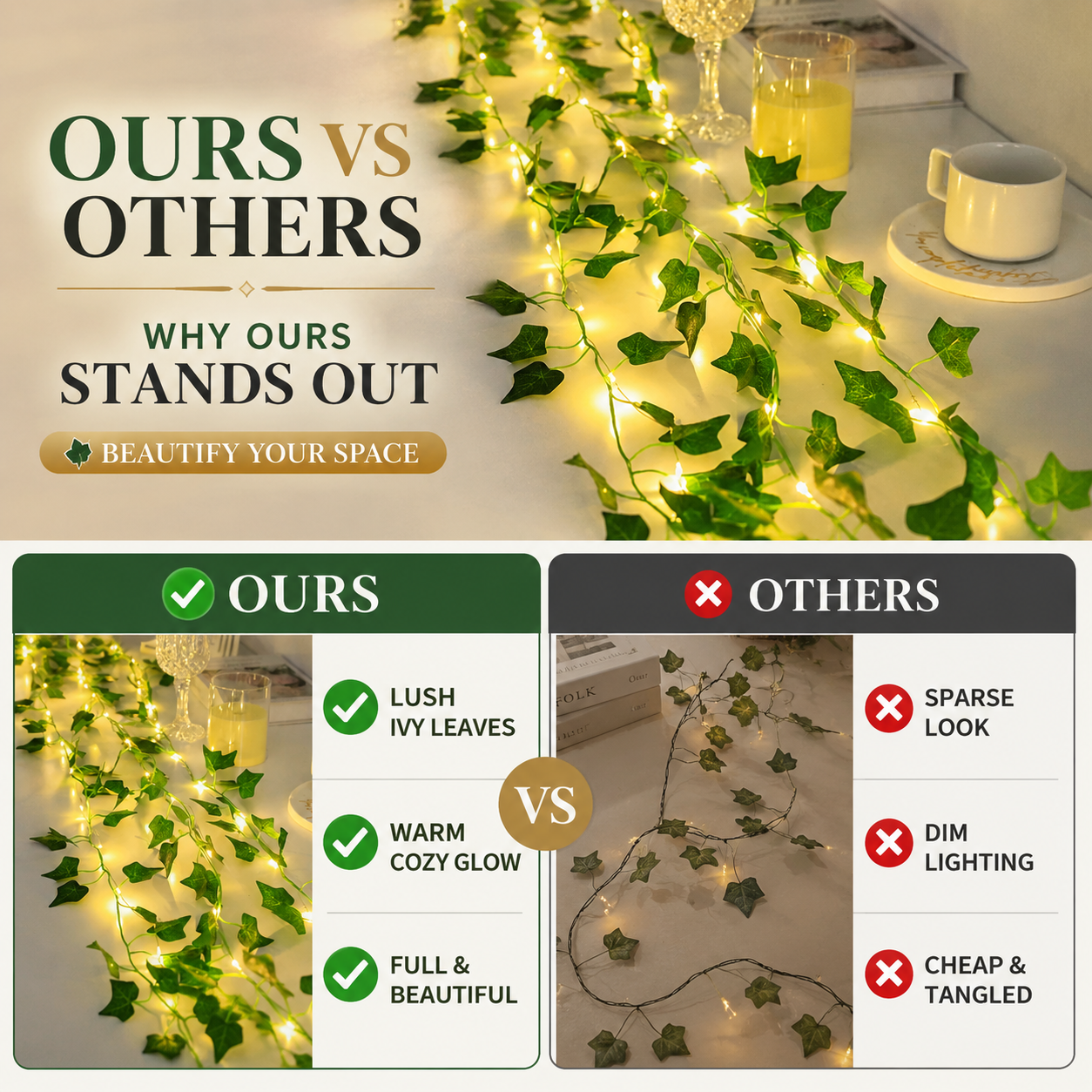 🌿 Aesthetic LED Ivy Garland Lights – Warm Ambient Room Decor ✨