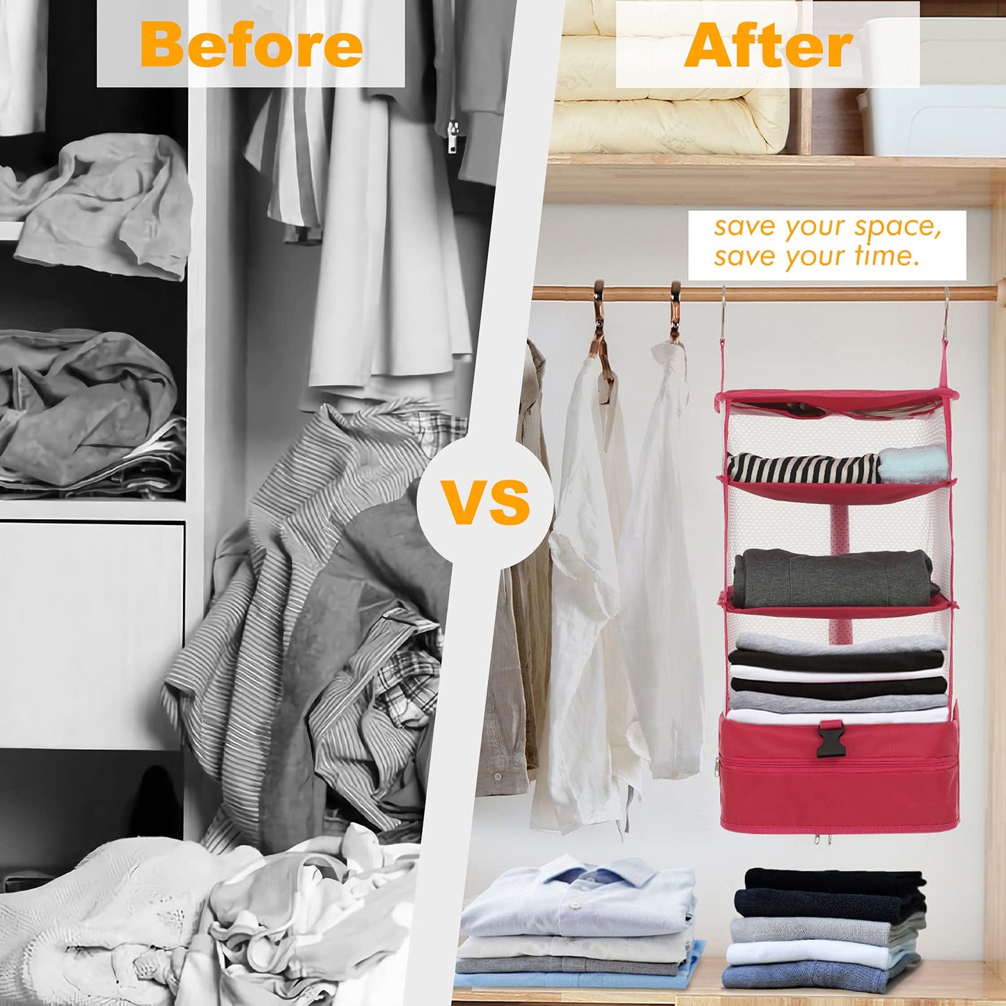 🧳Travel Hanging Closet Storage Bag Collapsible 3-Shelf Washable Oxford Fabric with 2 Hooks