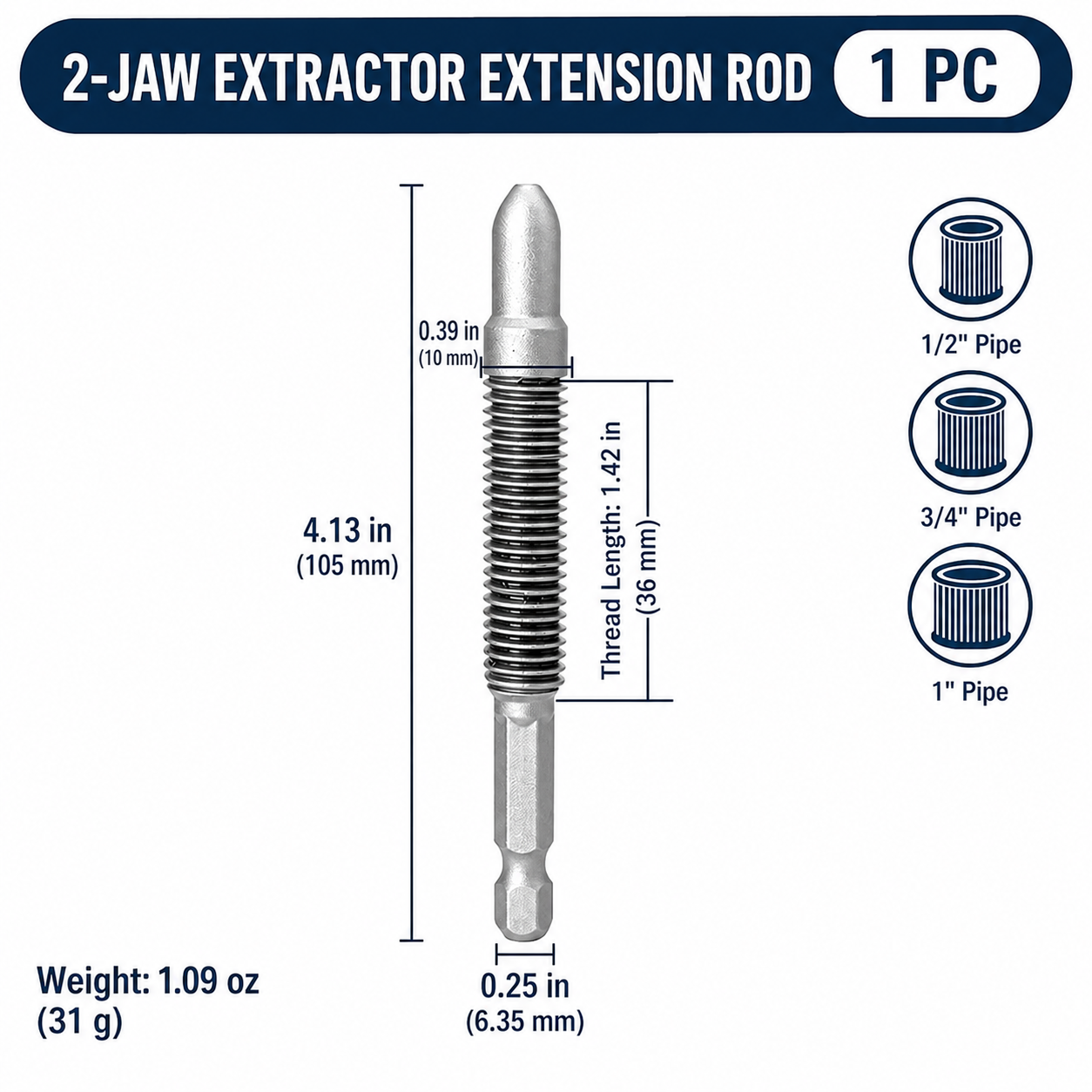 Broken Pipe Thread Extractor for Drill | 1/2", 3/4" & 1"