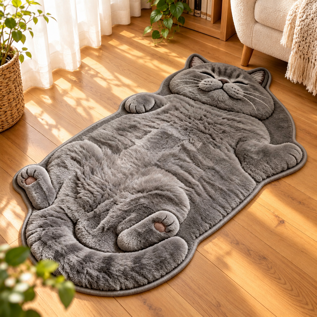 🐱 Sleeping Cat Shaped Rug – Soft Plush Indoor Floor Mat (2D Printed)