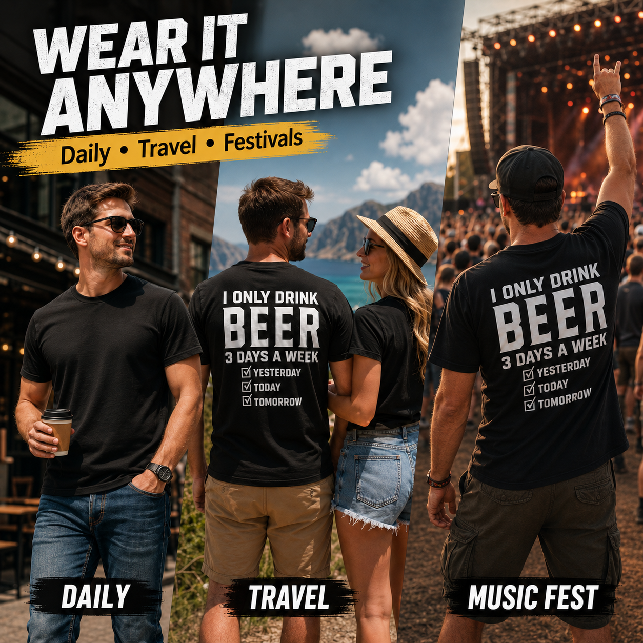 🍺 "I Only Drink Beer 3 Days A Week" Funny Back Print Graphic T-Shirt