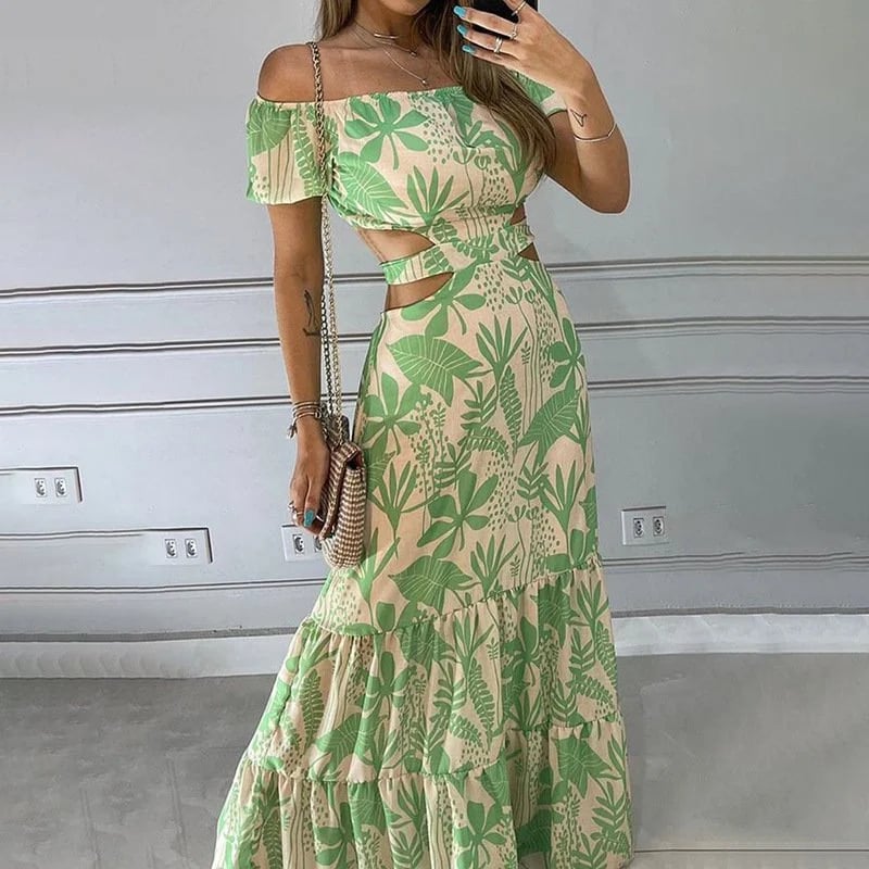 🔥Big sale - Off-the-shoulder Printed Cutout Lace-up Dress