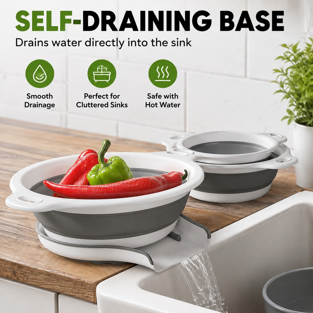 🥗 3-Piece Collapsible Colander Set – Self-Draining & Space-Saving Kitchen Strainers ✨
