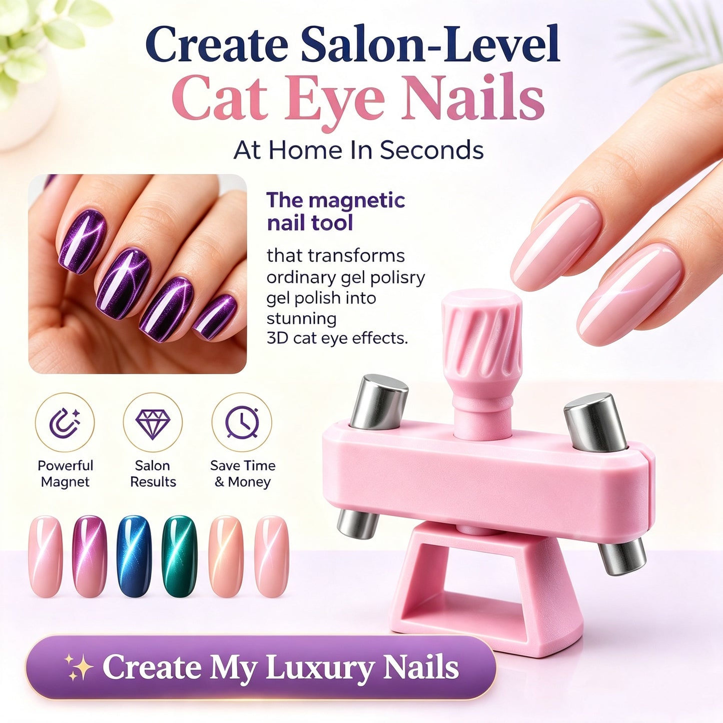 💅[Viral Nail Art Essential] Rotating Cat Eye Gel Nail Magnet Tool with Dual Height Finger Rests – Effortless 3D Aura Nails!