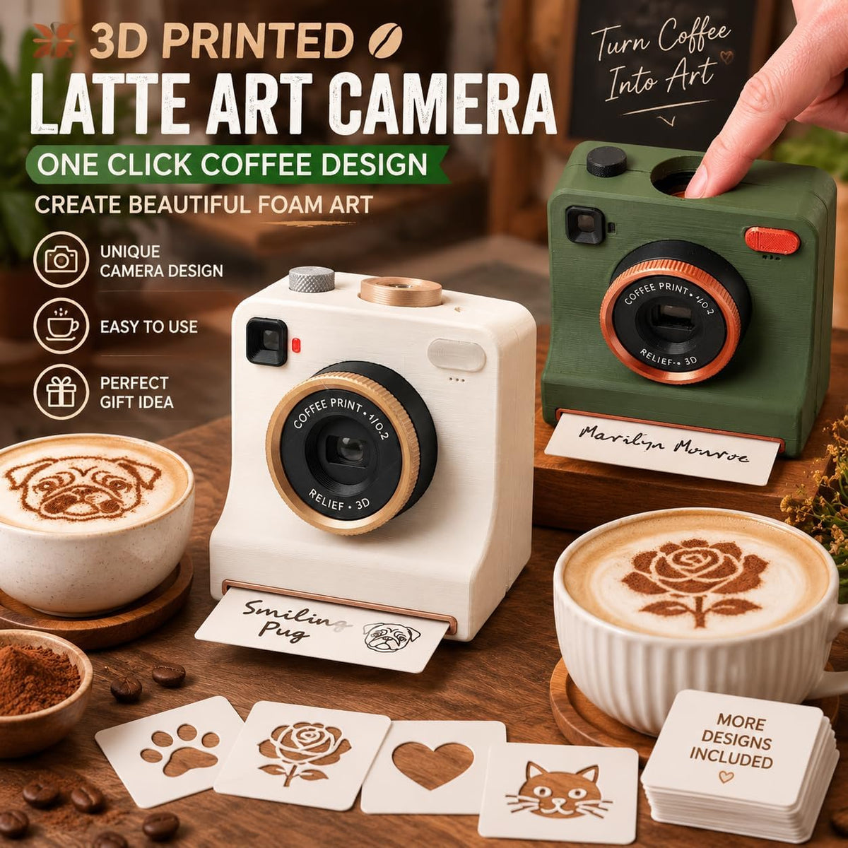 ☕📸 Camera-Shaped Latte Art Stencil Press ✨ Make Café-Style Coffee Art at Home in Seconds