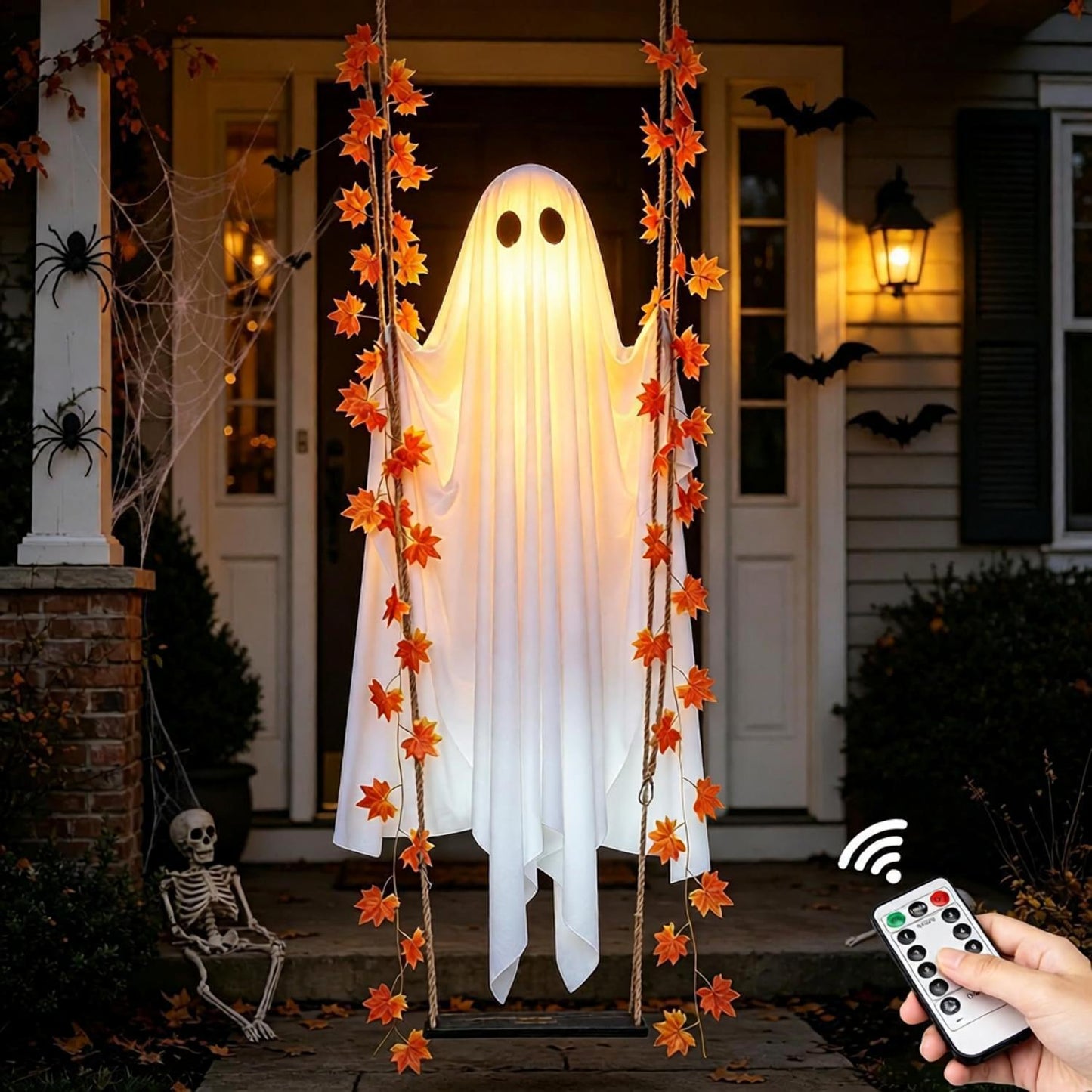 👻✨LED Hanging Ghost Swing Decoration, 5FT Remote Controlled Halloween Outdoor Hanging Decor🎃