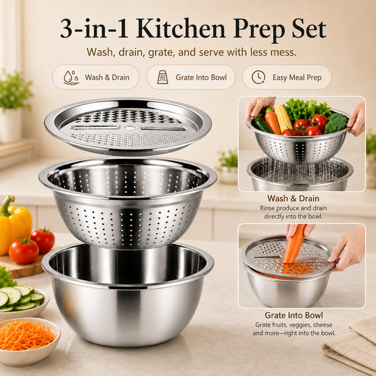🔥3-in-1 Multifunction Kitchen Strainer Set 🥕🥦– Stainless Steel Wash, Drain & Slice Bowl