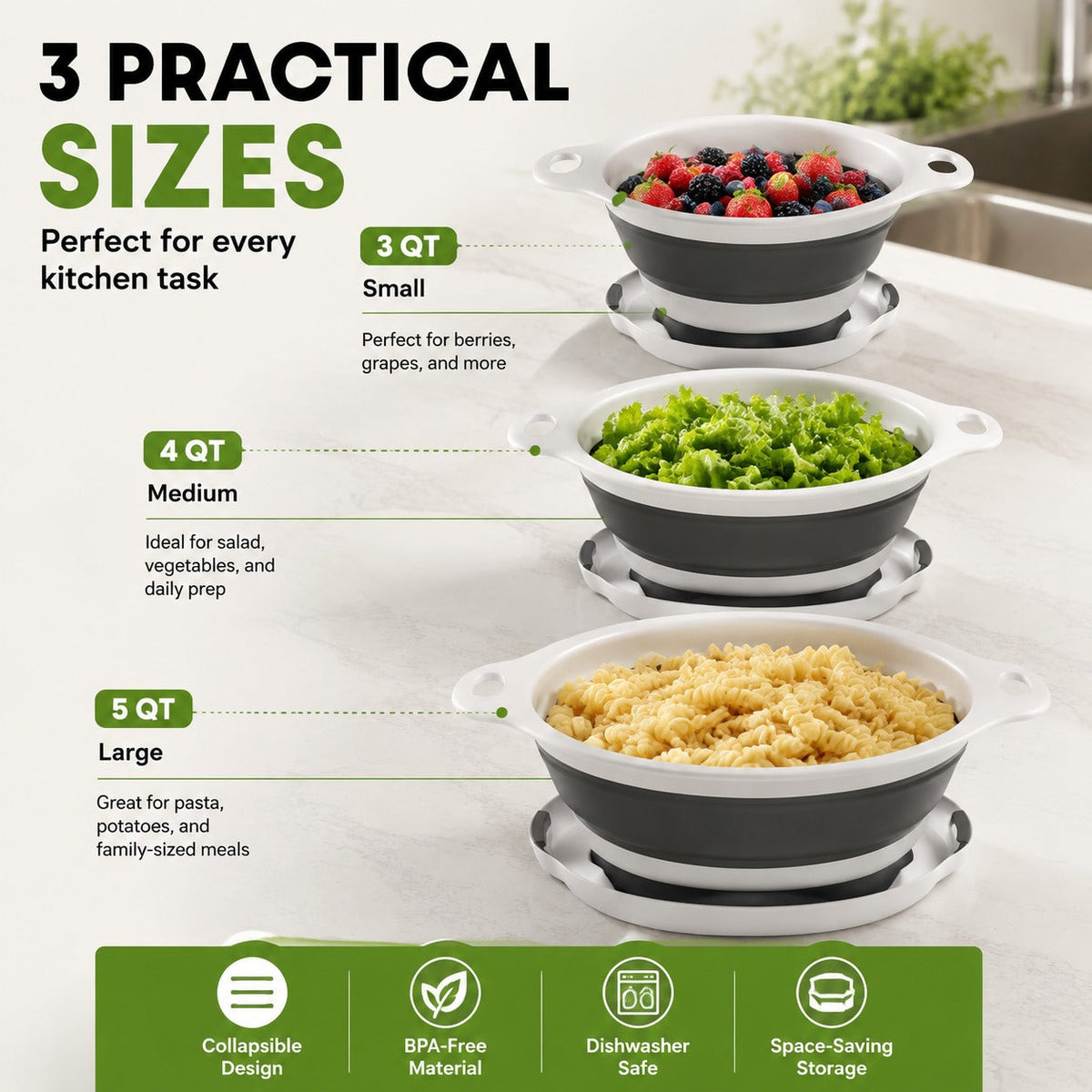 🥗 3-Piece Collapsible Colander Set – Self-Draining & Space-Saving Kitchen Strainers ✨