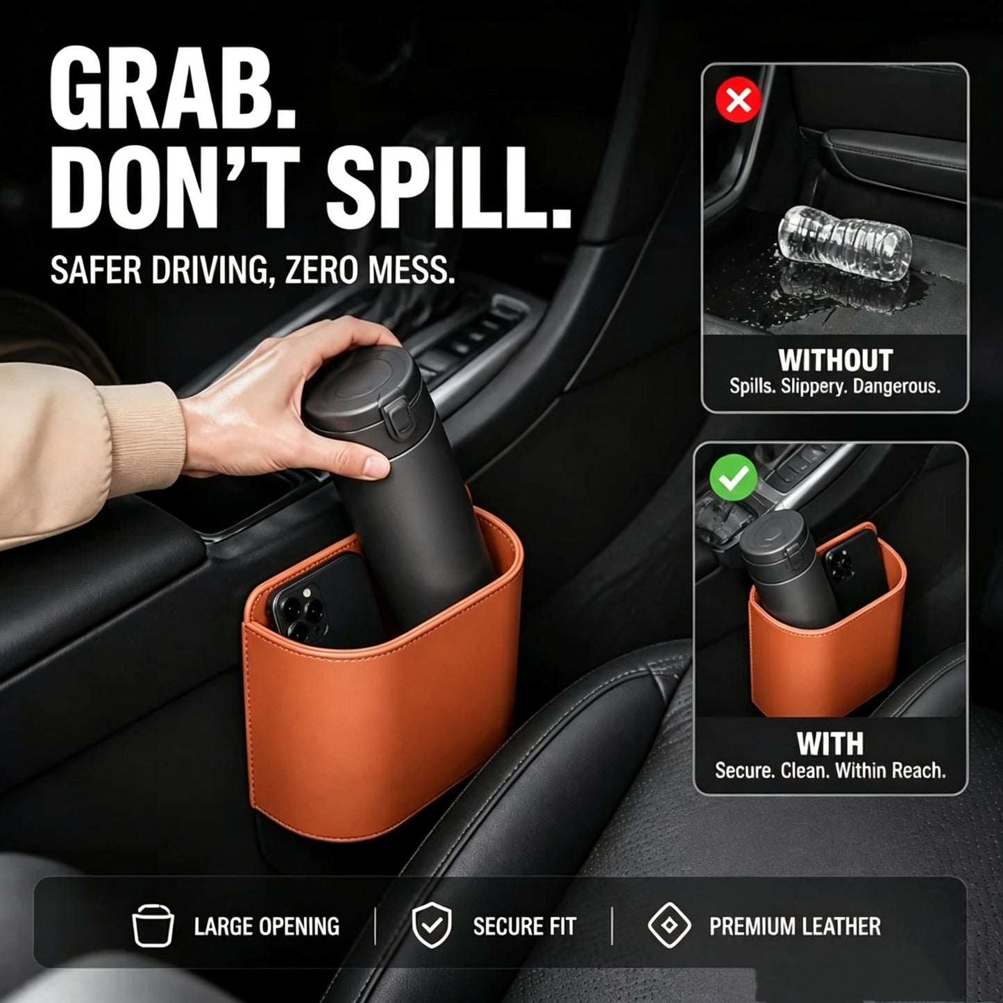 🚗Leather Car Door Cup Holder – Wide‑mouth opening, easy reach for drinks & phone. ✨