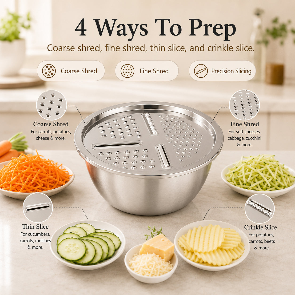 🔥3-in-1 Multifunction Kitchen Strainer Set 🥕🥦– Stainless Steel Wash, Drain & Slice Bowl