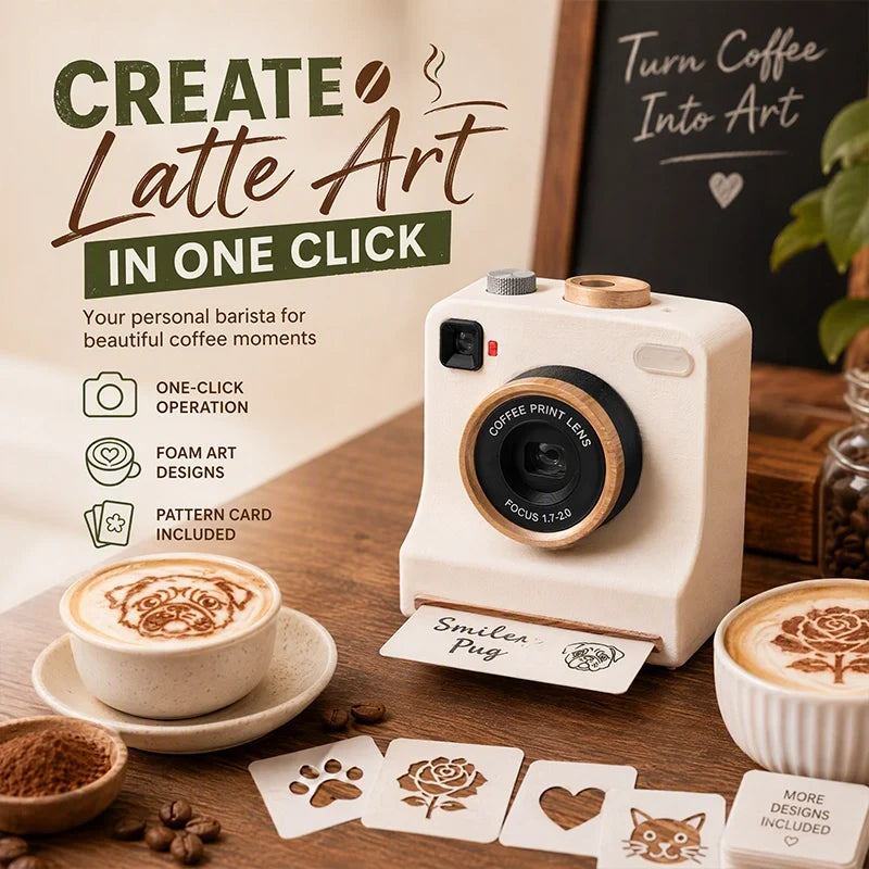 ☕📸 Camera-Shaped Latte Art Stencil Press ✨ Make Café-Style Coffee Art at Home in Seconds