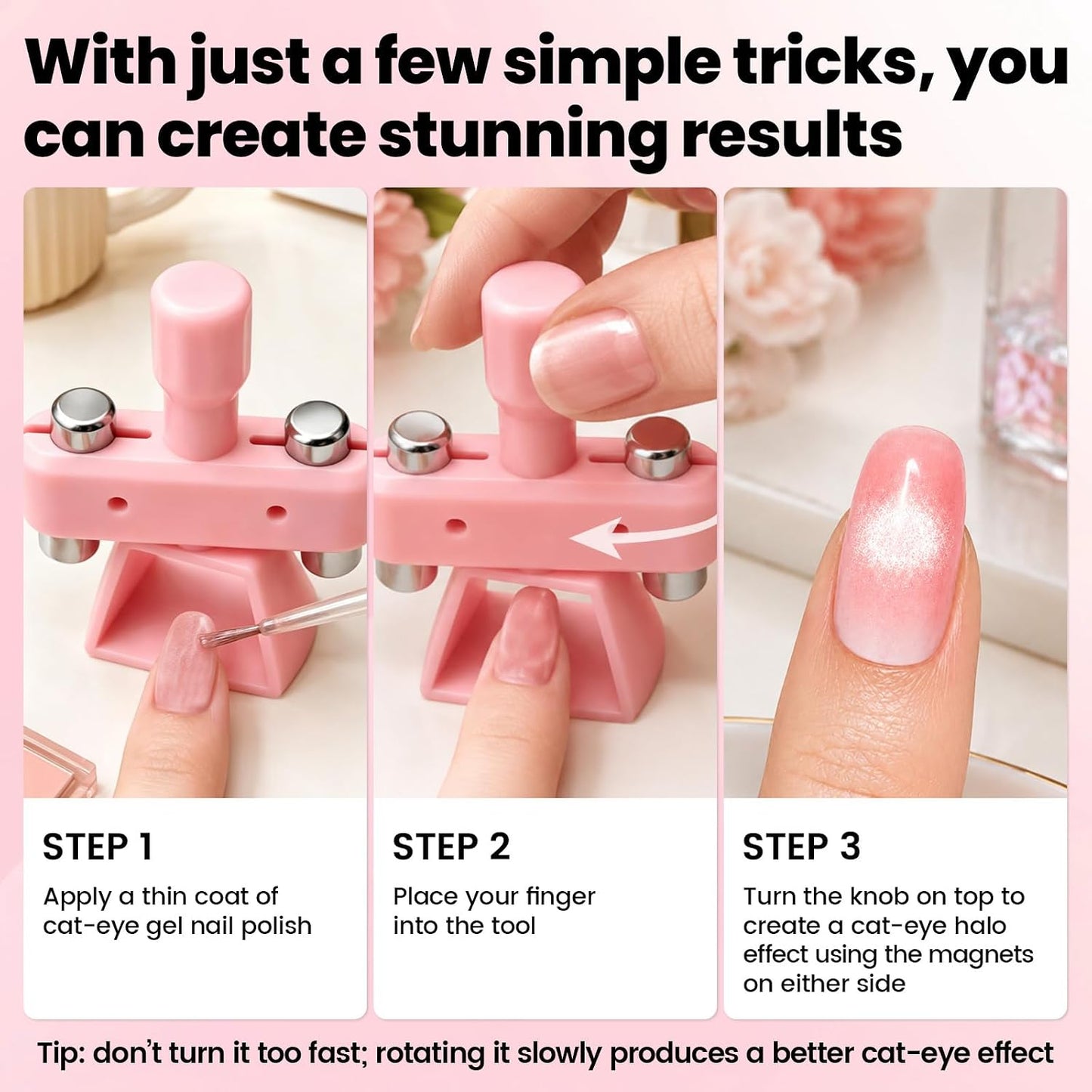 💅[Viral Nail Art Essential] Rotating Cat Eye Gel Nail Magnet Tool with Dual Height Finger Rests – Effortless 3D Aura Nails!
