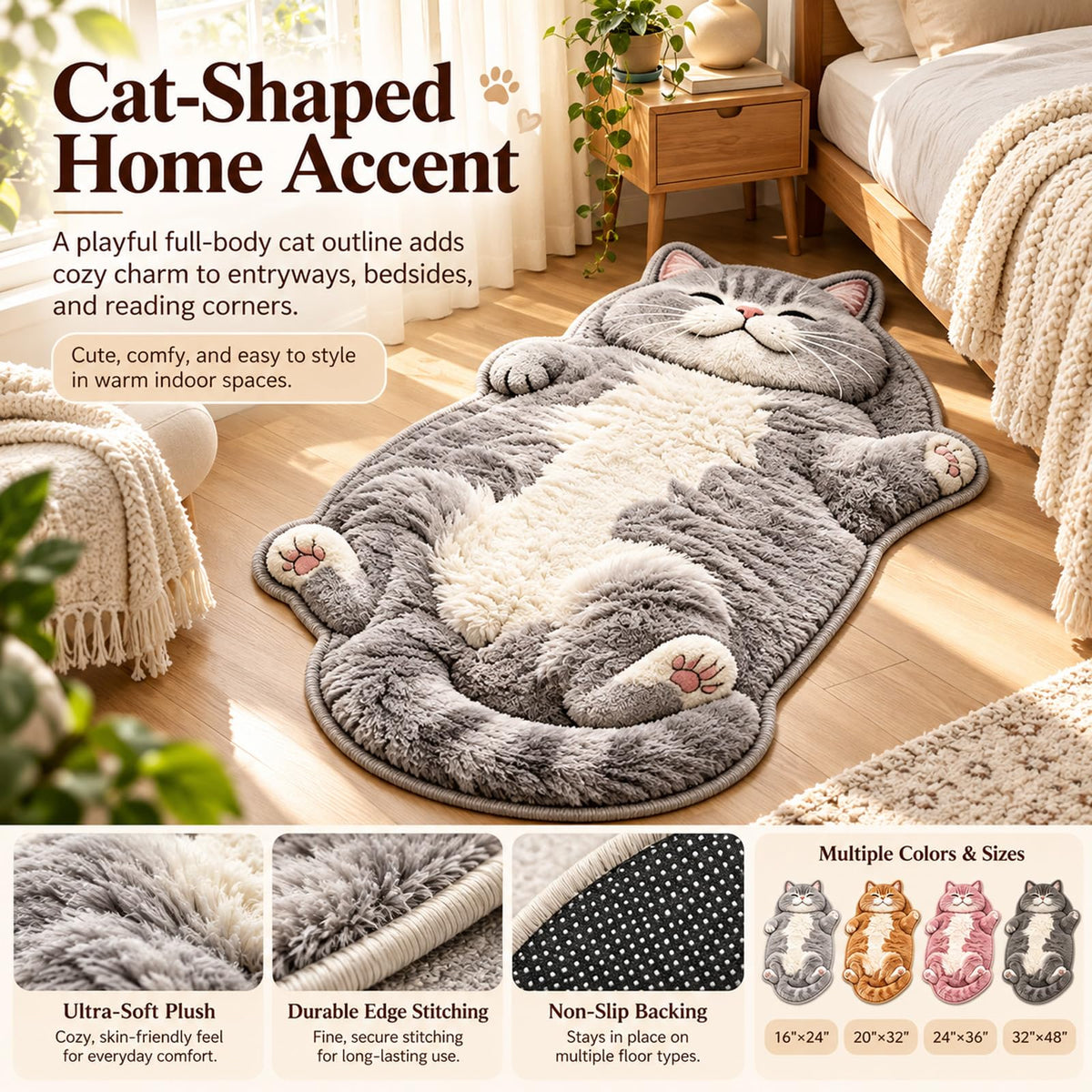 🐱 Sleeping Cat Shaped Rug – Soft Plush Indoor Floor Mat (2D Printed)