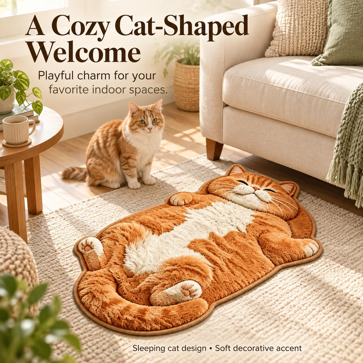 Sleeping cat shaped rug used as decorative home accent