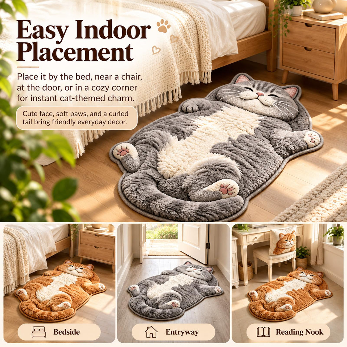 🐱 Sleeping Cat Shaped Rug – Soft Plush Indoor Floor Mat (2D Printed)