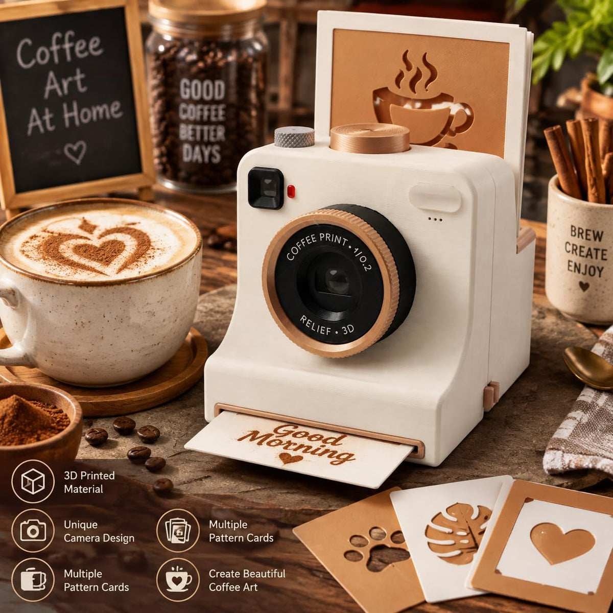 ☕📸 Camera-Shaped Latte Art Stencil Press ✨ Make Café-Style Coffee Art at Home in Seconds