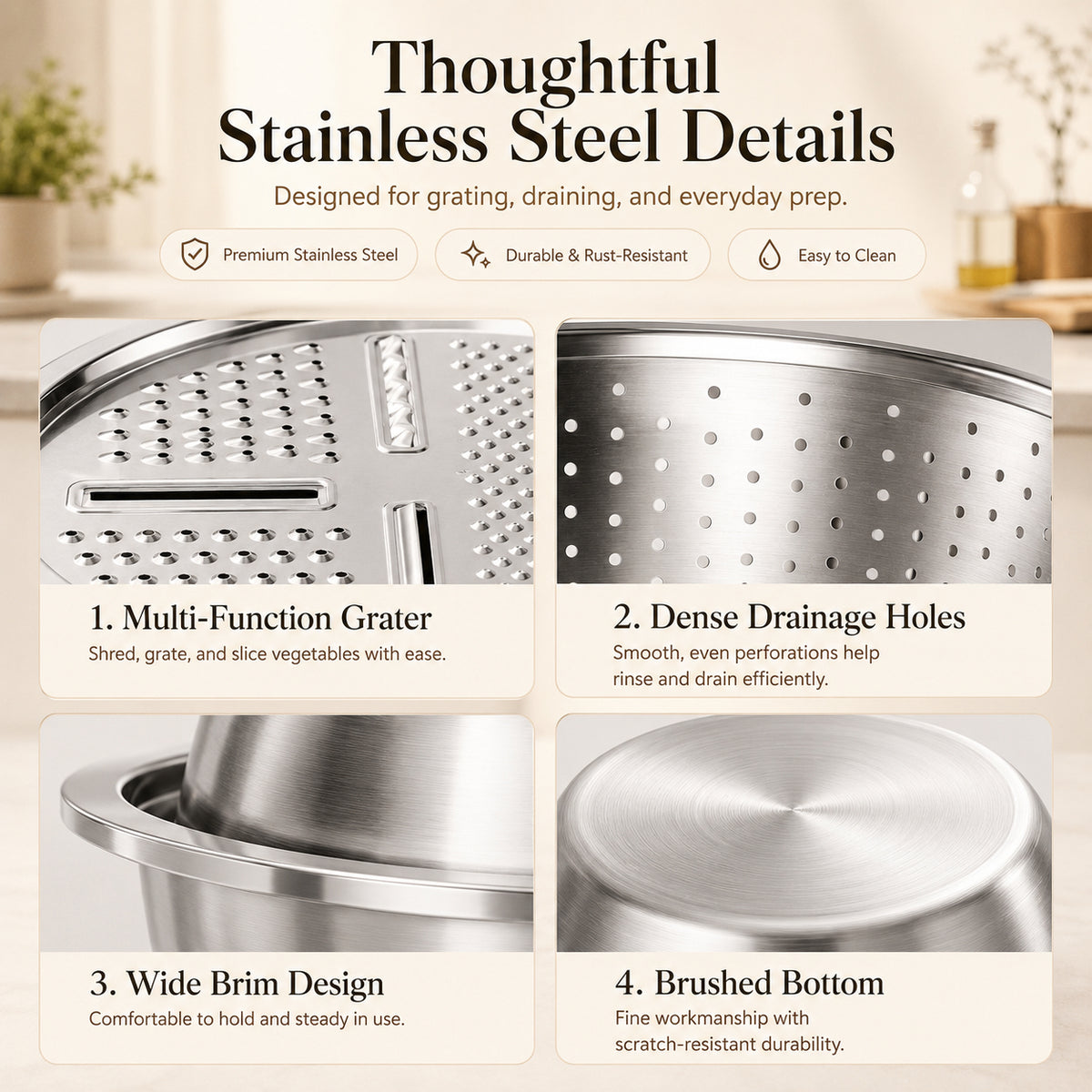 Close-up views of the stainless steel grater, drain holes, wide rim and brushed base