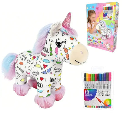 🦄 DIY Coloring Unicorn Plush Kit – Reusable Stuffed Animal Craft Set with 12 Washable Markers
