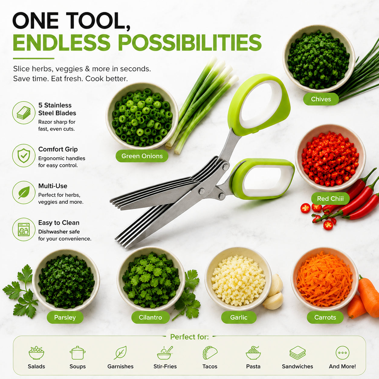 Different herbs and soft ingredients suitable for herb scissors