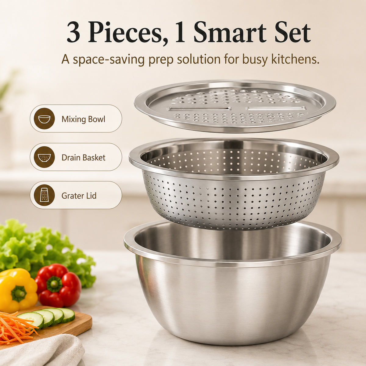 Mixing bowl, draining basket and multifunction grater lid