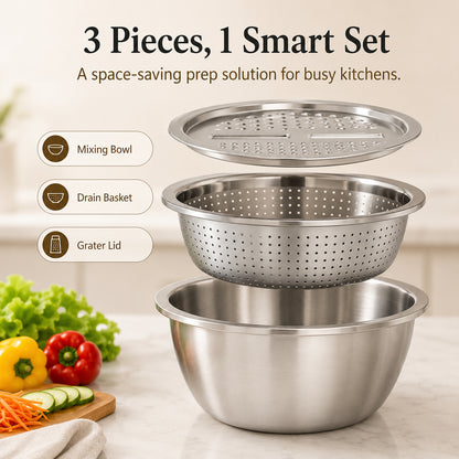 🔥3-in-1 Multifunction Kitchen Strainer Set 🥕🥦– Stainless Steel Wash, Drain & Slice Bowl