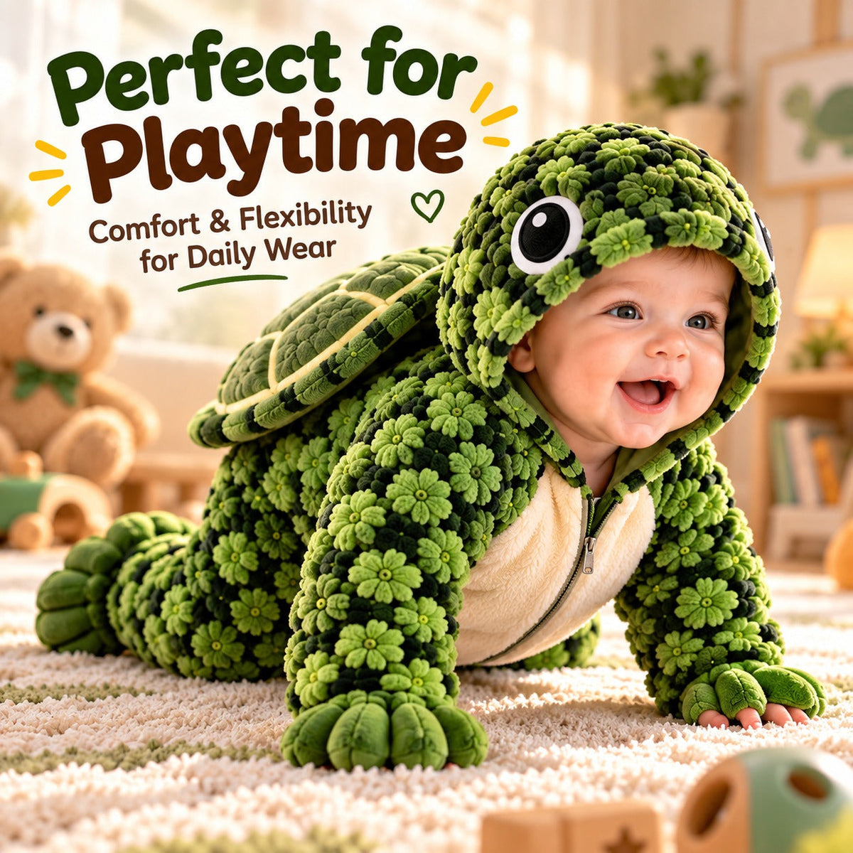 🐢Little Turtle Plush Baby Onesie – 3D Shell Hooded Costume💚✨
