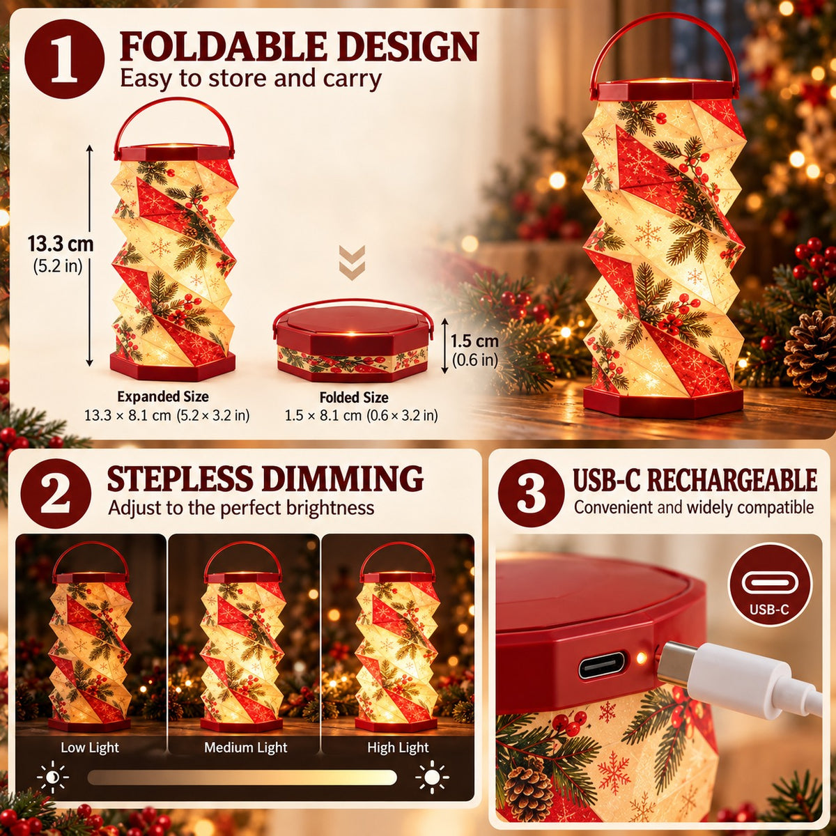 ✨ Foldable Rotating Lantern with Stepless Dimming | USB-C Rechargeable Holiday Ambient Light