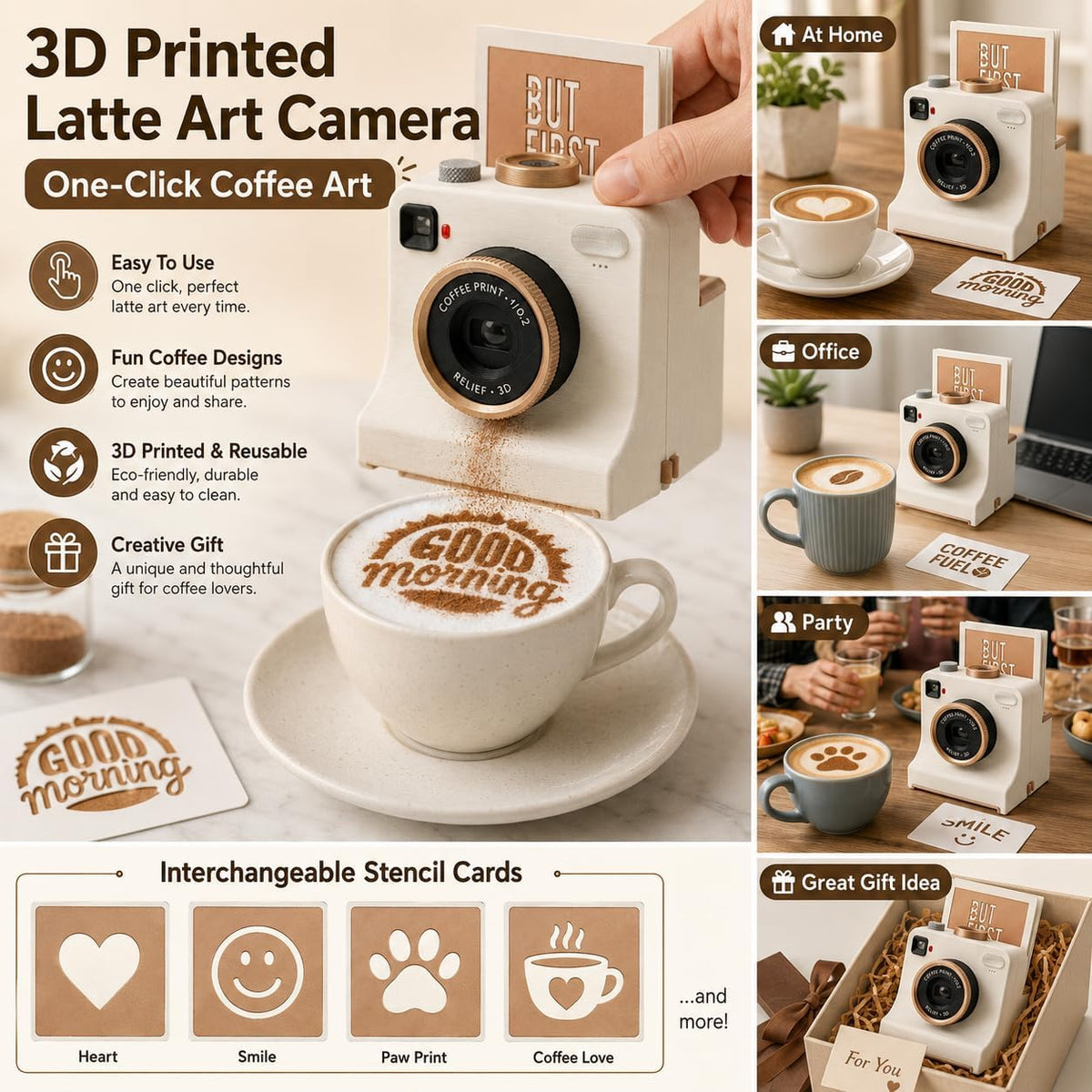 ☕📸 Camera-Shaped Latte Art Stencil Press ✨ Make Café-Style Coffee Art at Home in Seconds