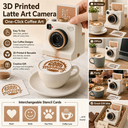 ☕📸 Camera-Shaped Latte Art Stencil Press ✨ Make Café-Style Coffee Art at Home in Seconds