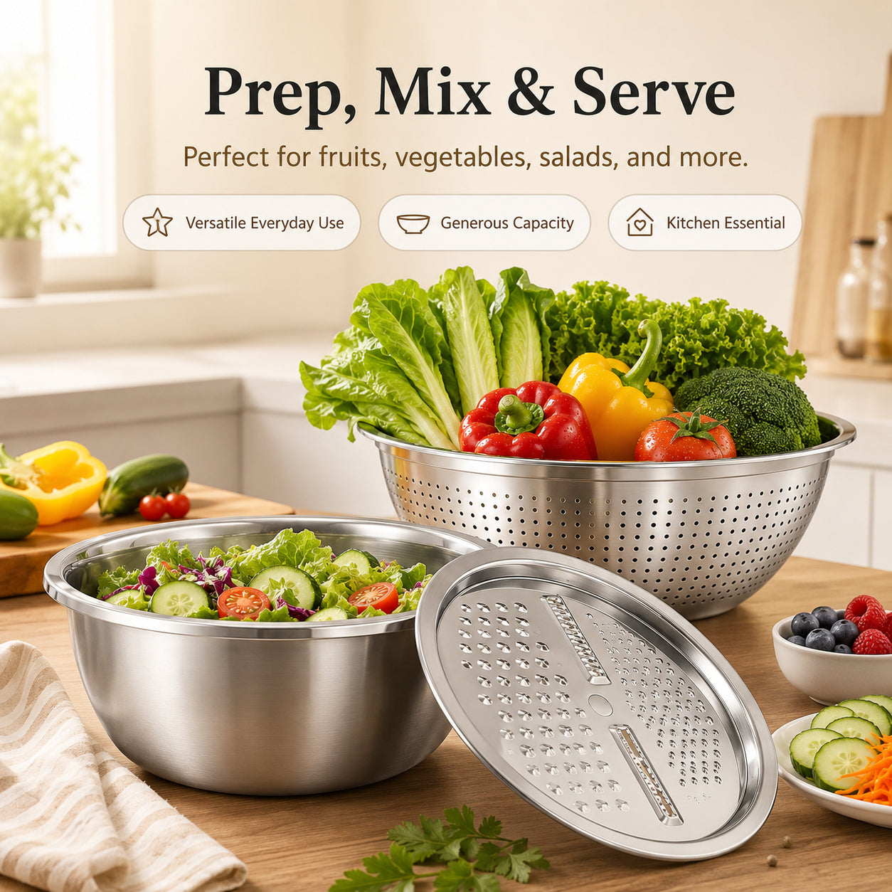 🔥3-in-1 Multifunction Kitchen Strainer Set 🥕🥦– Stainless Steel Wash, Drain & Slice Bowl
