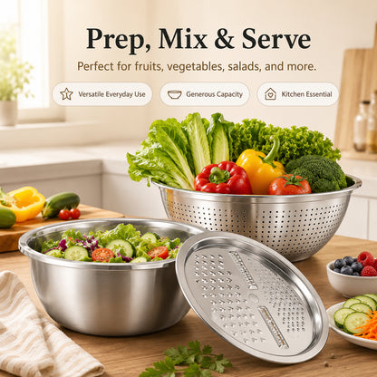 🔥3-in-1 Multifunction Kitchen Strainer Set 🥕🥦– Stainless Steel Wash, Drain & Slice Bowl