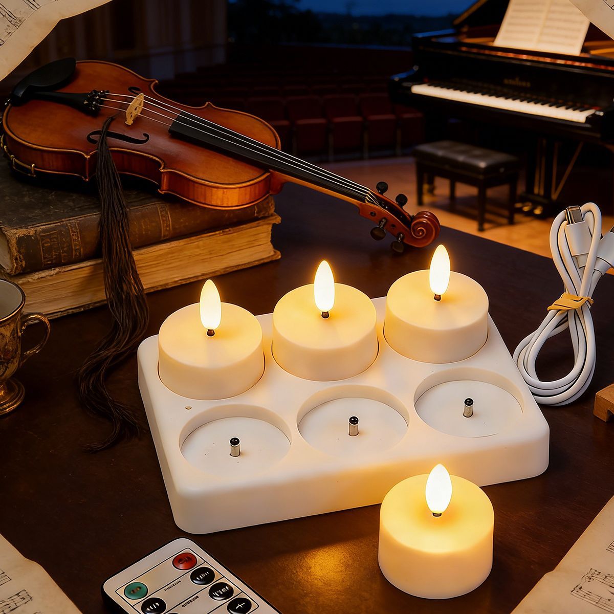 Rechargeable flameless candles on charging station with remote and USB cable