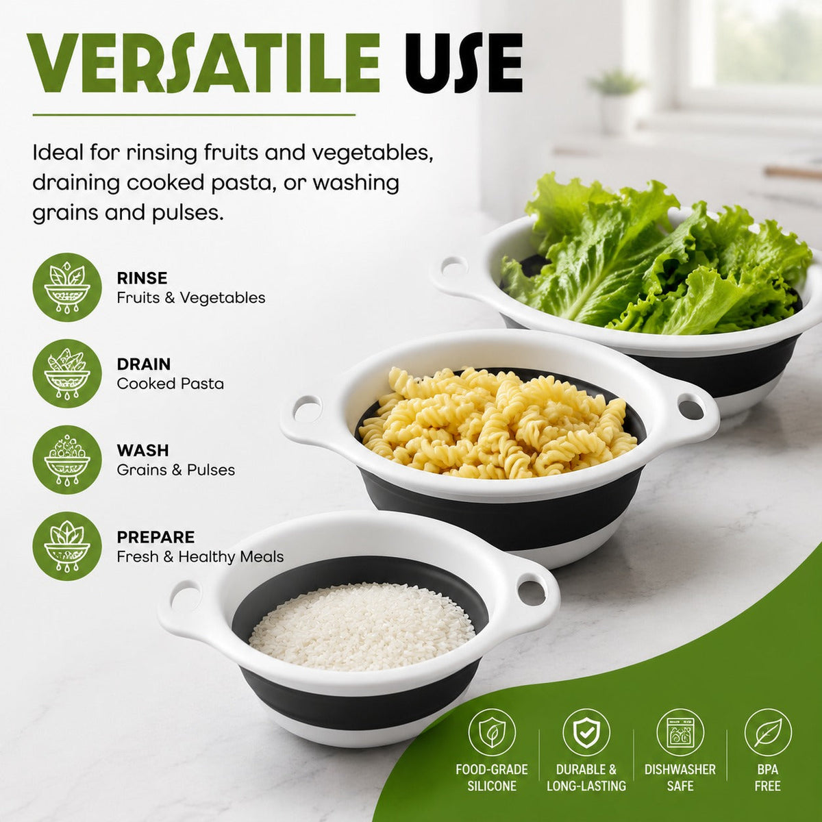 🥗 3-Piece Collapsible Colander Set – Self-Draining & Space-Saving Kitchen Strainers ✨