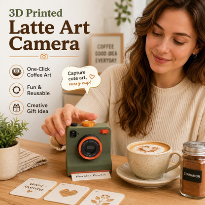 ☕📸 Camera-Shaped Latte Art Stencil Press ✨ Make Café-Style Coffee Art at Home in Seconds