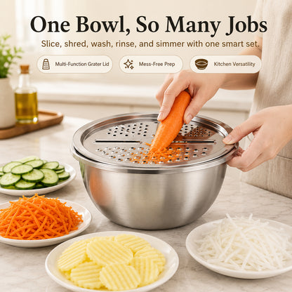 🔥3-in-1 Multifunction Kitchen Strainer Set 🥕🥦– Stainless Steel Wash, Drain & Slice Bowl
