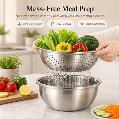 🔥3-in-1 Multifunction Kitchen Strainer Set 🥕🥦– Stainless Steel Wash, Drain & Slice Bowl