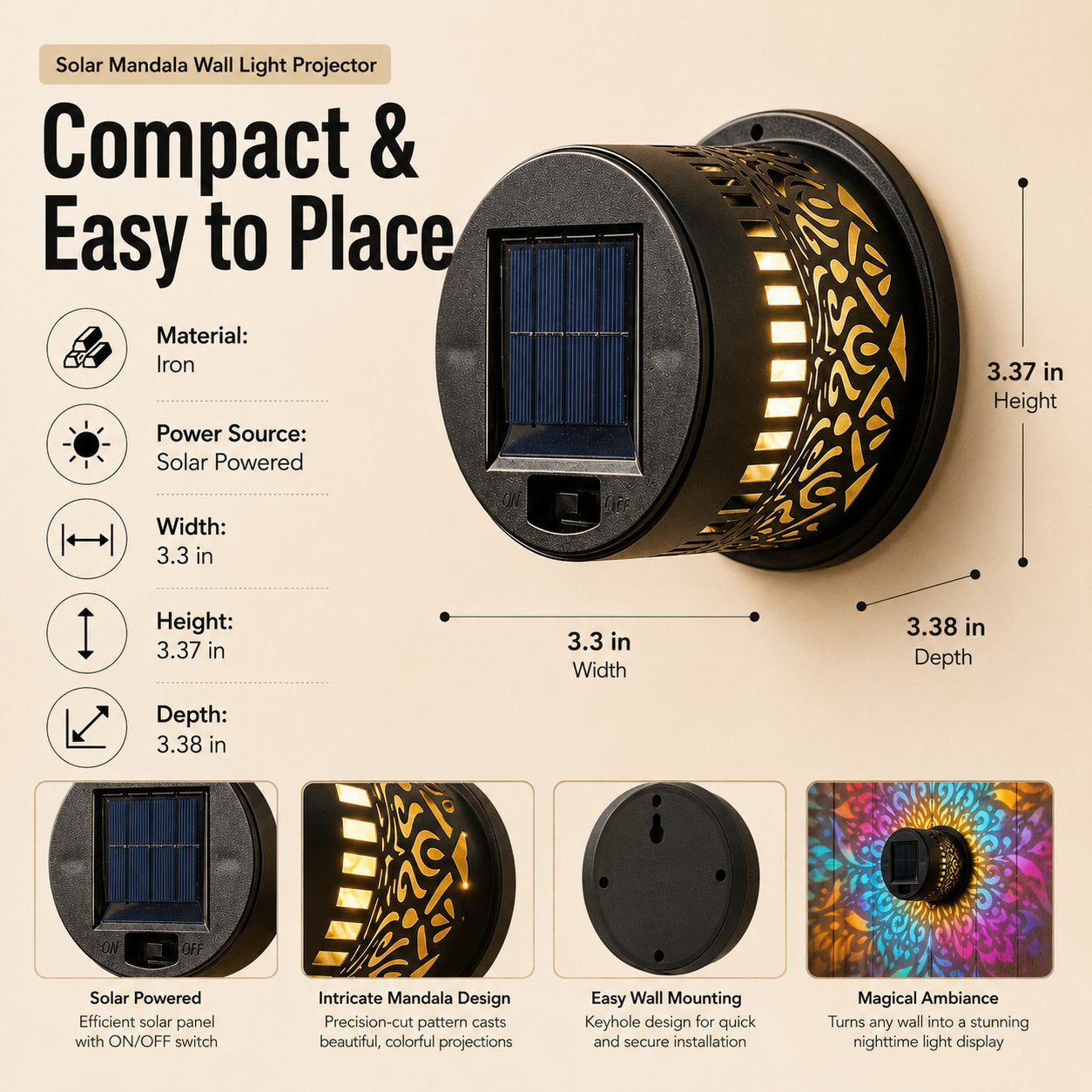 🌞 Solar Mandala Wall Light ✨ Stunning Garden Projection