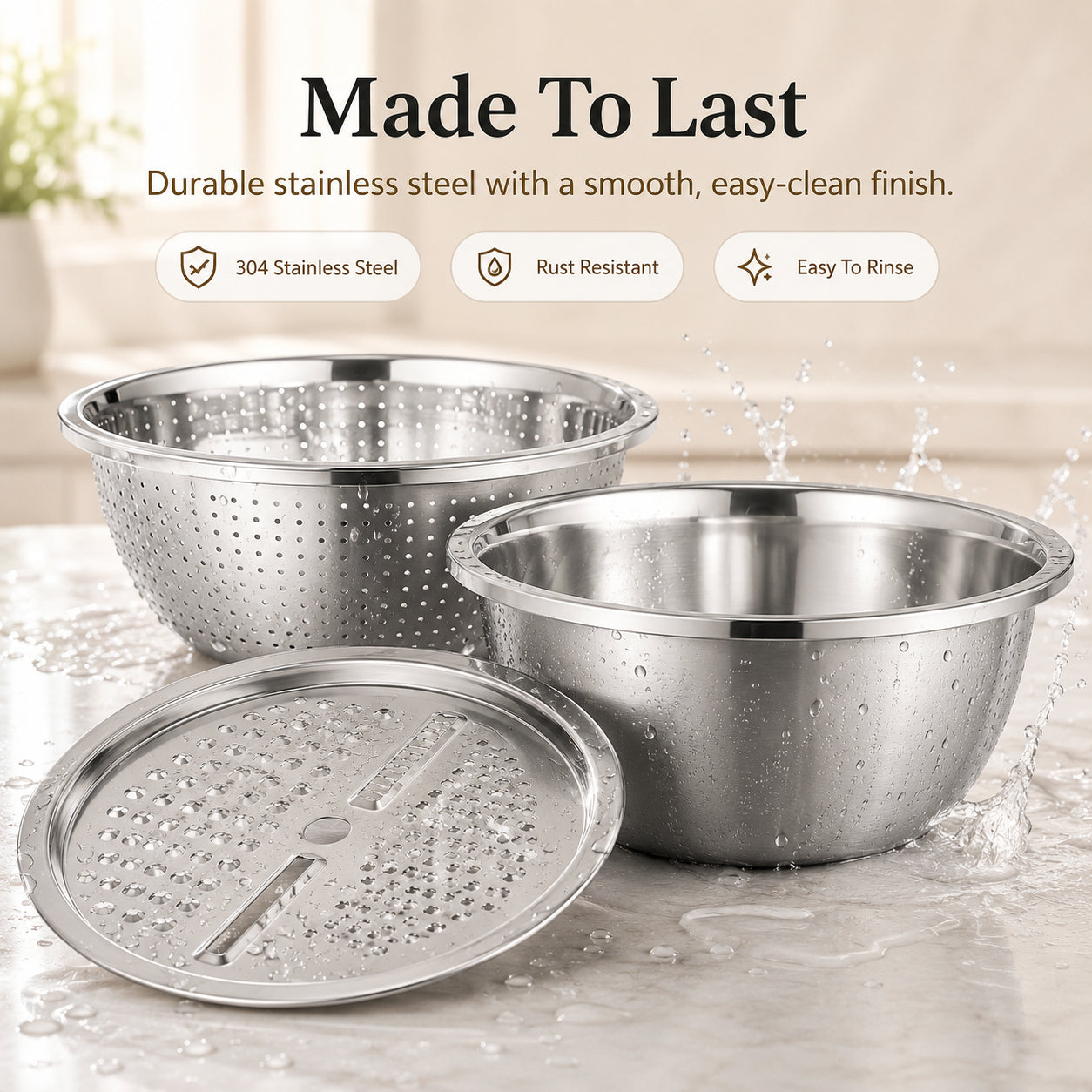 🔥3-in-1 Multifunction Kitchen Strainer Set 🥕🥦– Stainless Steel Wash, Drain & Slice Bowl