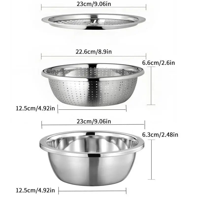 🔥3-in-1 Multifunction Kitchen Strainer Set 🥕🥦– Stainless Steel Wash, Drain & Slice Bowl
