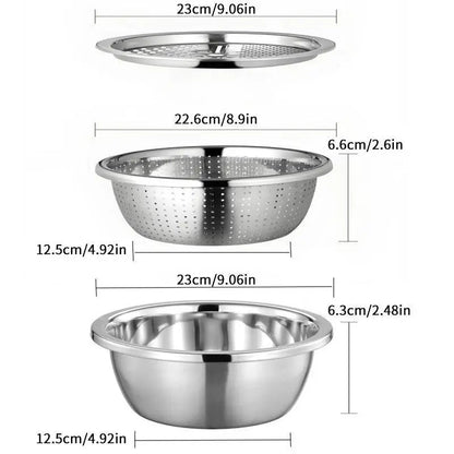 🔥3-in-1 Multifunction Kitchen Strainer Set 🥕🥦– Stainless Steel Wash, Drain & Slice Bowl