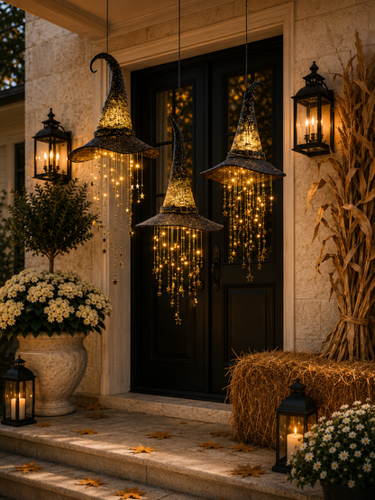 Lighted Witch Hat Set with Cascading Stars