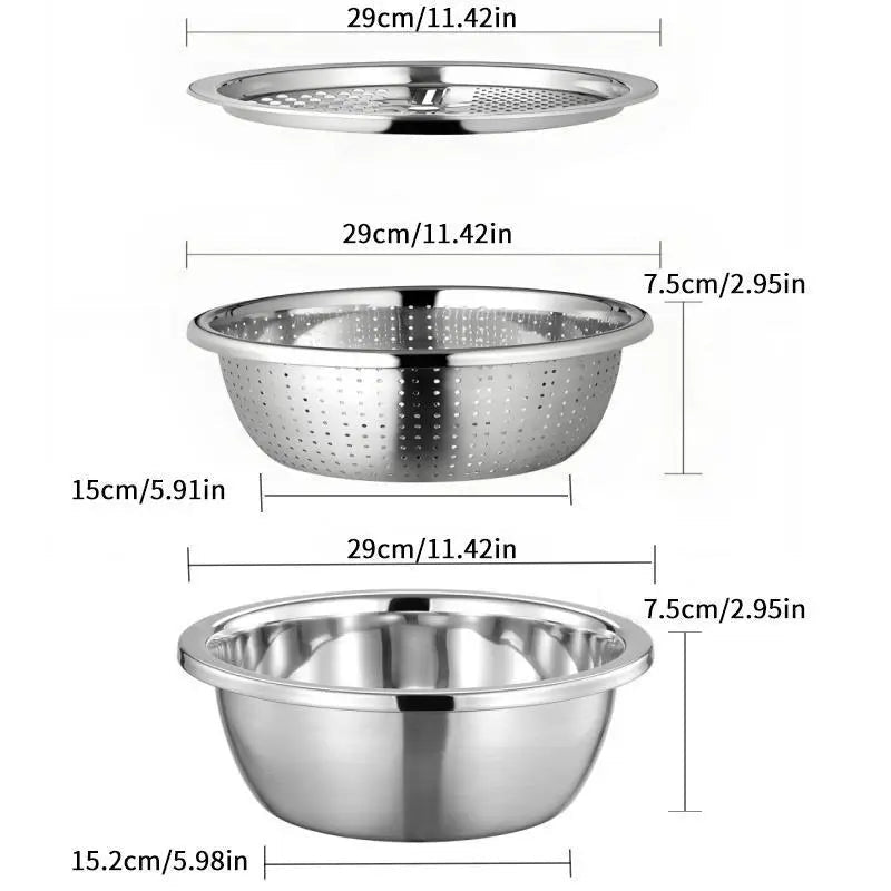 🔥3-in-1 Multifunction Kitchen Strainer Set 🥕🥦– Stainless Steel Wash, Drain & Slice Bowl