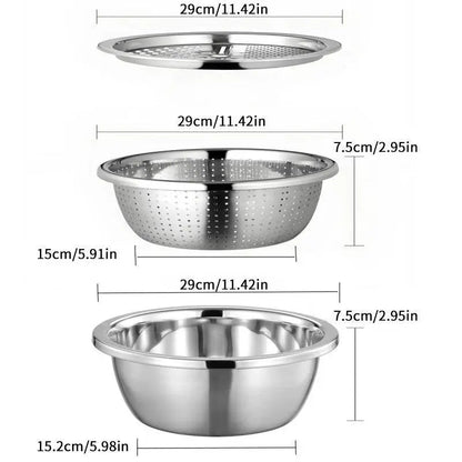 🔥3-in-1 Multifunction Kitchen Strainer Set 🥕🥦– Stainless Steel Wash, Drain & Slice Bowl