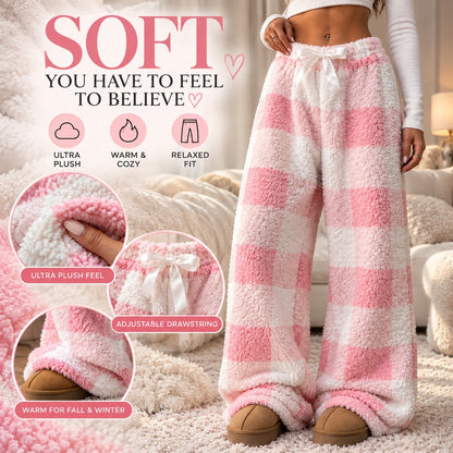 🎀 Cozy Fleece Plaid Lounge Pants | ☕ Soft Wide-Leg Winter Pajamas with Cute Bow Detail ❄️