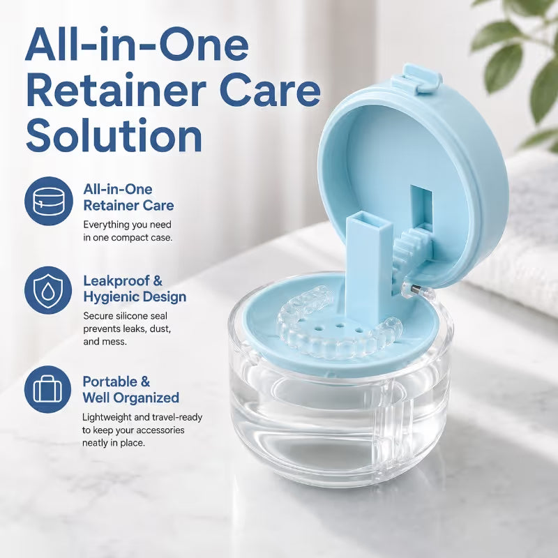 🦷3-in-1 Leak-Proof Retainer Cleaning Case with Mirror, Drain Tray & Travel Storage