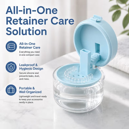 🦷3-in-1 Leak-Proof Retainer Cleaning Case with Mirror, Drain Tray & Travel Storage