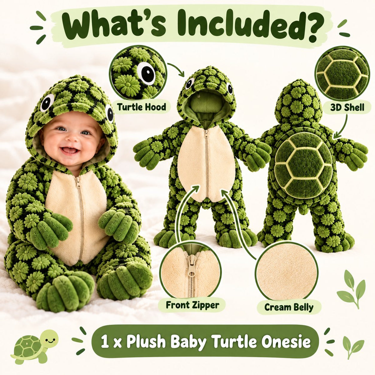 🐢Little Turtle Plush Baby Onesie – 3D Shell Hooded Costume💚✨