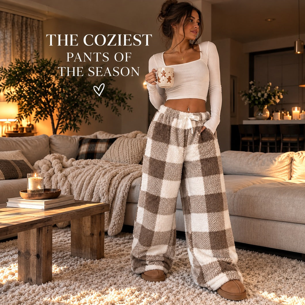 🎀 Cozy Fleece Plaid Lounge Pants | ☕ Soft Wide-Leg Winter Pajamas with Cute Bow Detail ❄️